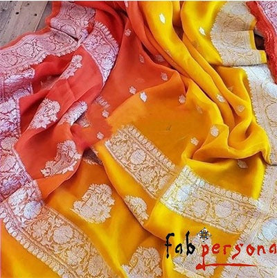 Pure Hand loom Khaddi Chiffon Georgette Saree with Silver Zari Weaving blouse ( length- 6.3 meter )