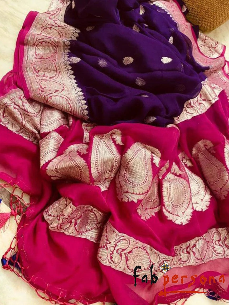 Pure Hand loom Khaddi Chiffon Georgette Saree with Silver Zari