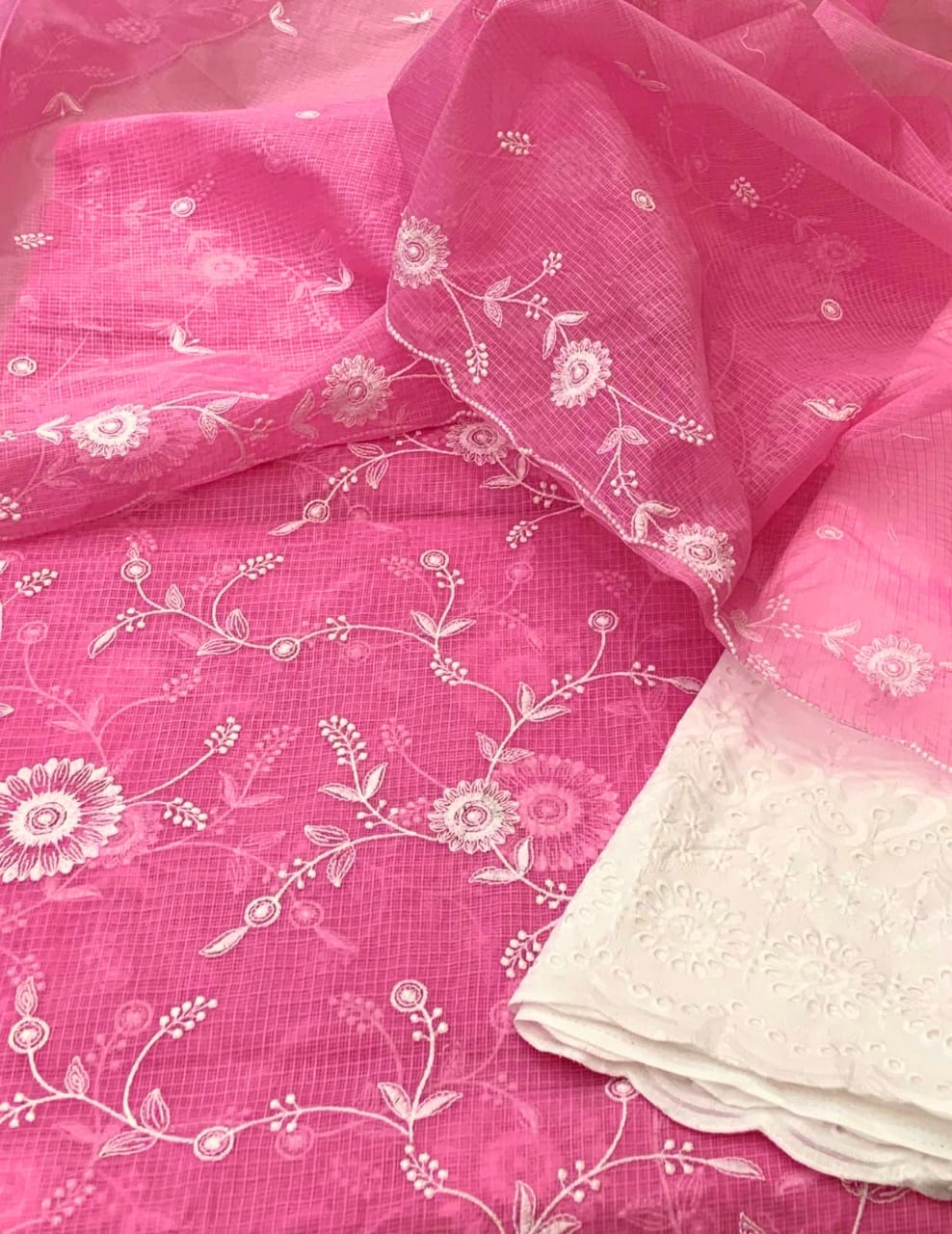 Pure Kota Doriya Resham Work Unstitched Suits With Chikankari Bottom.