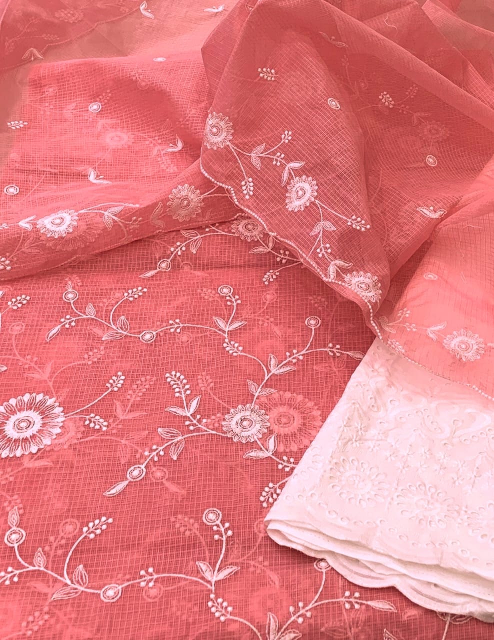 Pure Kota Doriya Resham Work Unstitched Suits With Chikankari Bottom.