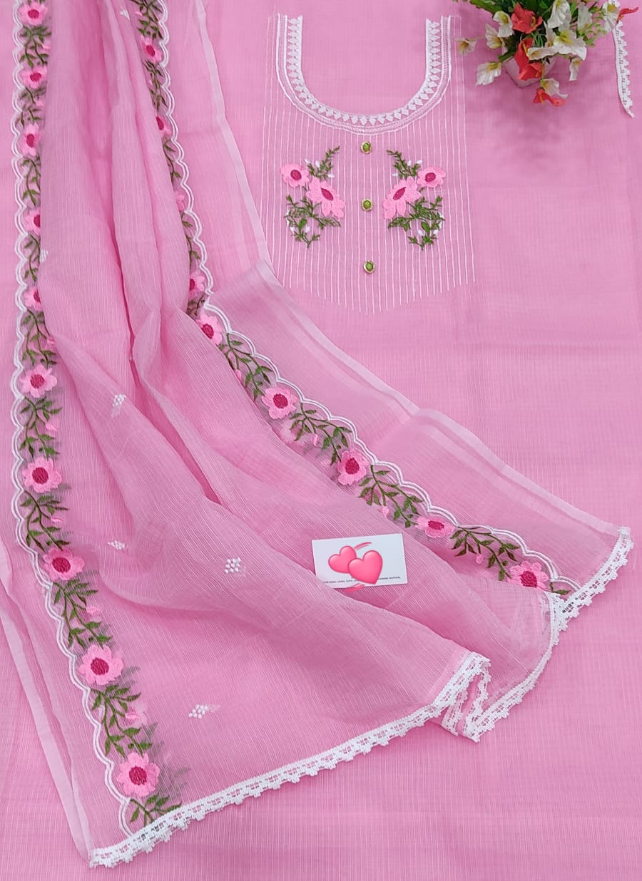 Pure Kota Doriya Embroidery Unstitched Suit With Embroidery Dupatta