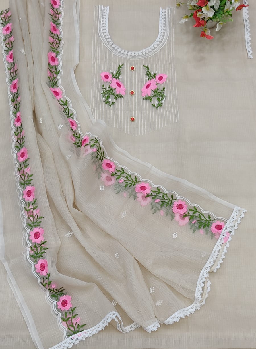 Pure Kota Doriya Embroidery Unstitched Suit With Embroidery Dupatta