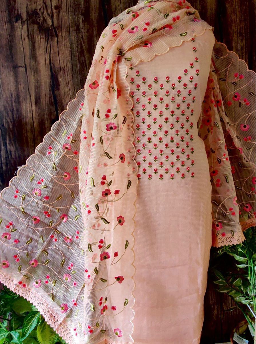 Pure Kota Doriya Embroidery Unstitched Suit With Embroidery Dupatta