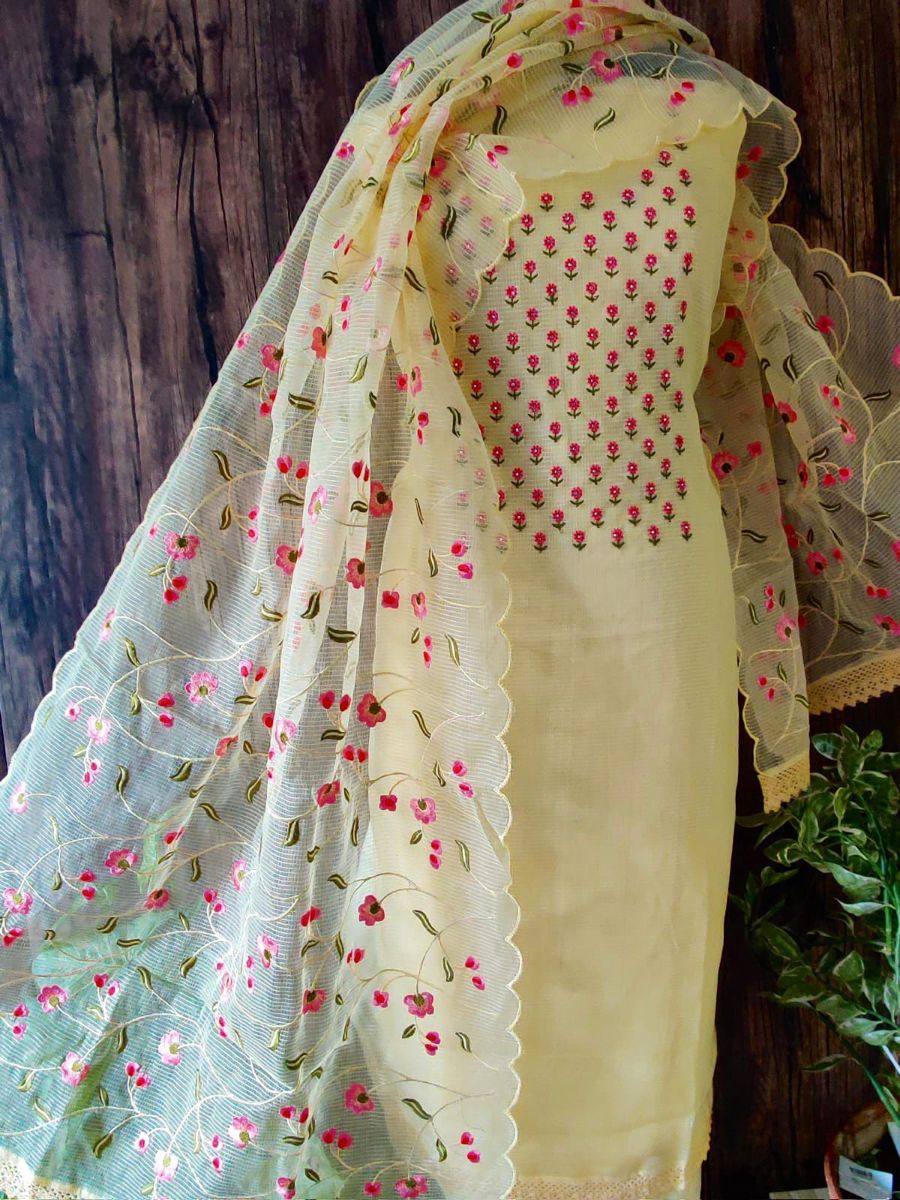 Pure Kota Doriya Embroidery Unstitched Suit With Embroidery Dupatta