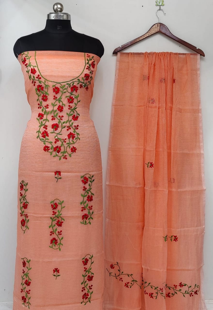 Pure Kota Doriya Embroidery Unstitched Suit With Embroidery Dupatta