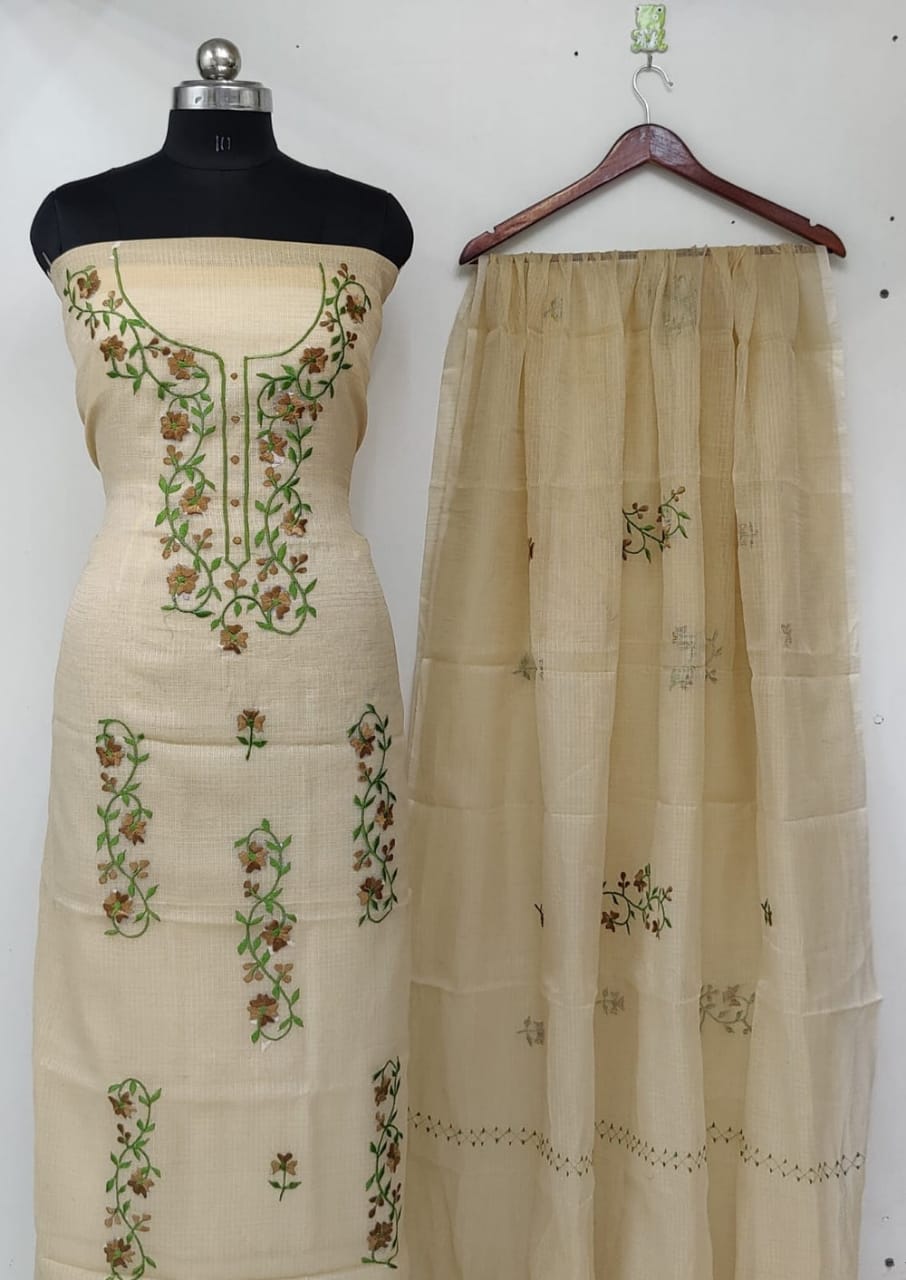 Pure Kota Doriya Embroidery Unstitched Suit With Embroidery Dupatta