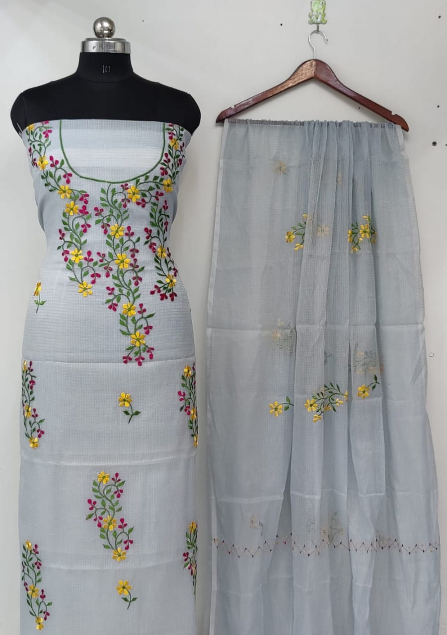 Pure Kota Doriya Embroidery Unstitched Suit With Embroidery Dupatta