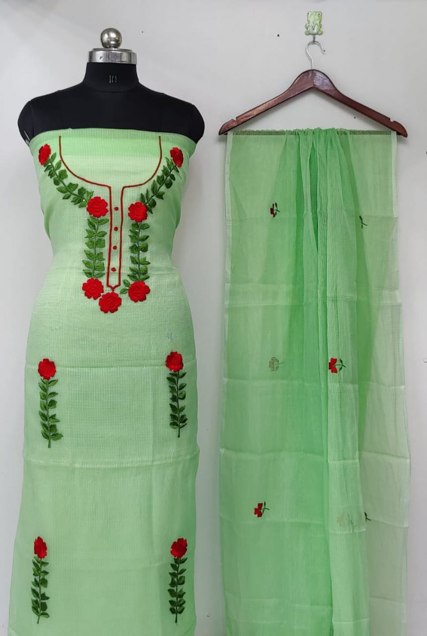 Pure Kota Doriya Embroidery Unstitched Suit With Embroidery Dupatta