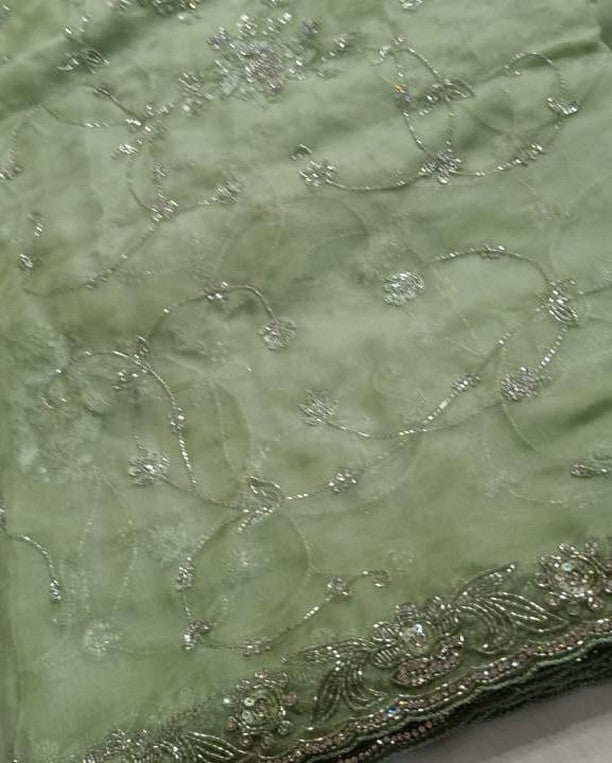 Pure Organza Silk Hand Full Zall Work Saree With Running Blouse.
