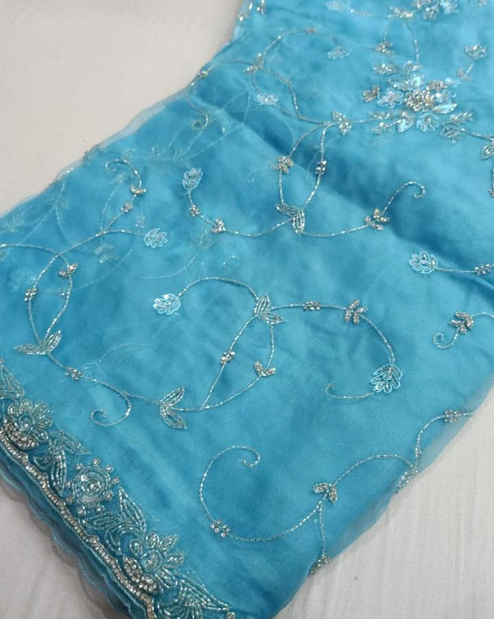 Pure Organza Silk Hand Full Zall Work Saree With Running Blouse.