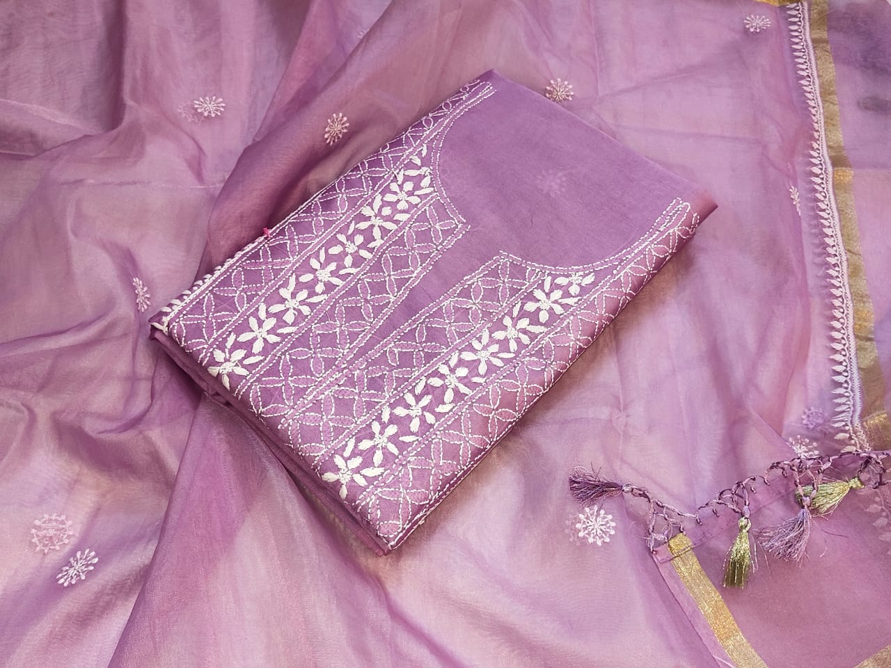 Pure Chanderi silk with Chikankari and Jali work main image 1