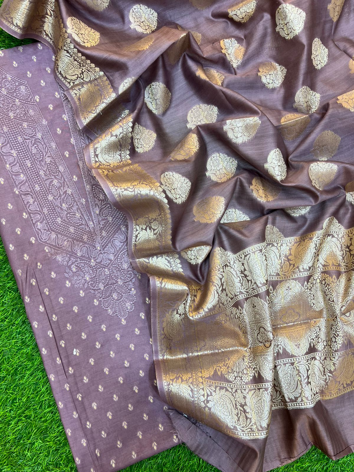Brown - Handloom Zari Buti Mercerised Cotton Chanderi Fabric 01