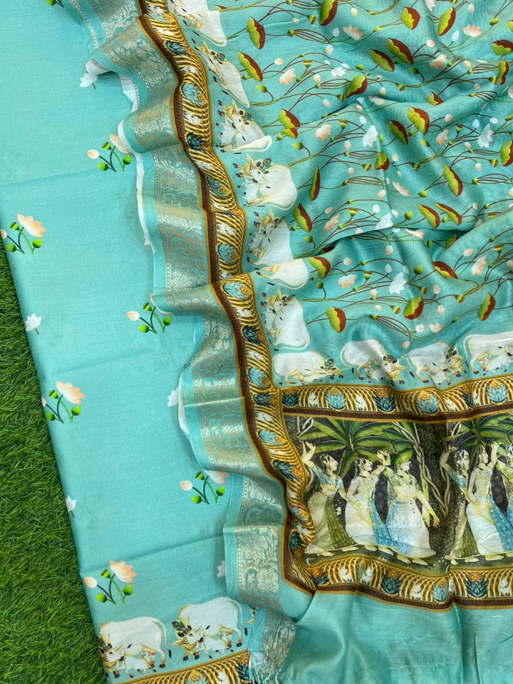 Pure Banarasi Chanderi Silk Pichwai Print Unstitched Suit with Chanderi Silk  Pichwai Print Dupatta