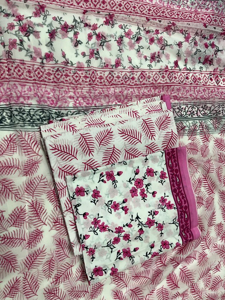 Pure Cotton Hand Block Print Unstitched Suit With Chiffon Dupatta.