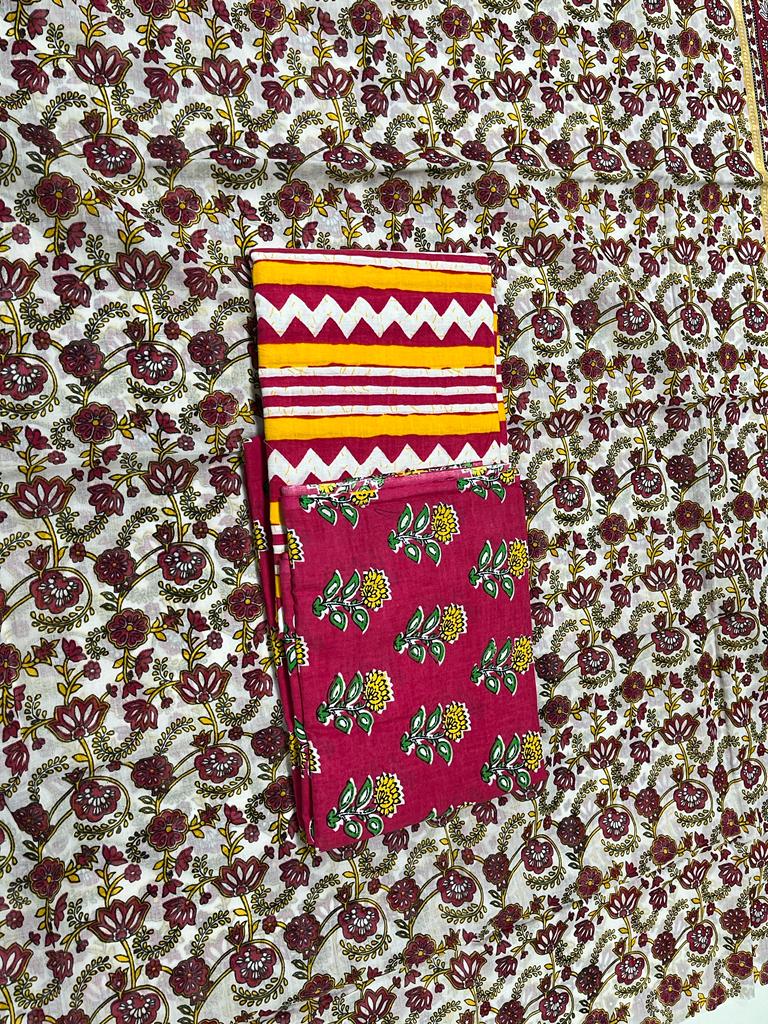 Pure Cotton Hand Block Print Unstitched Suit With Cotton Dupatta.