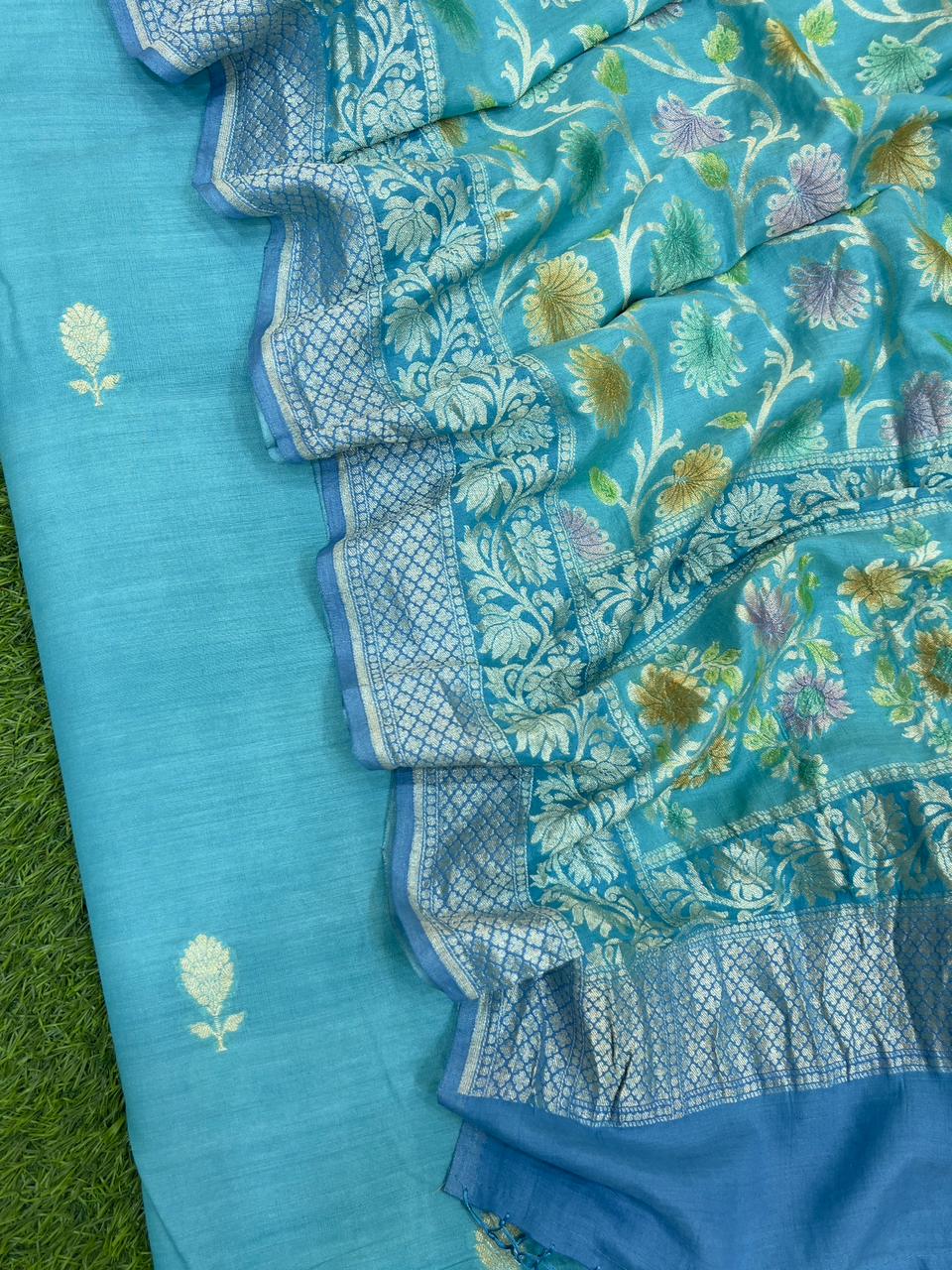 Pure Banarasi Chanderi unstitched suit with khaddi Georgette Water Zari Work Dupatta