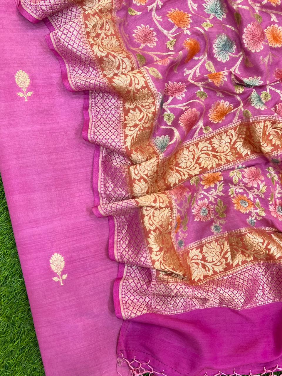 Pure Banarasi Chanderi unstitched suit with khaddi Georgette Water Zari Work Dupatta