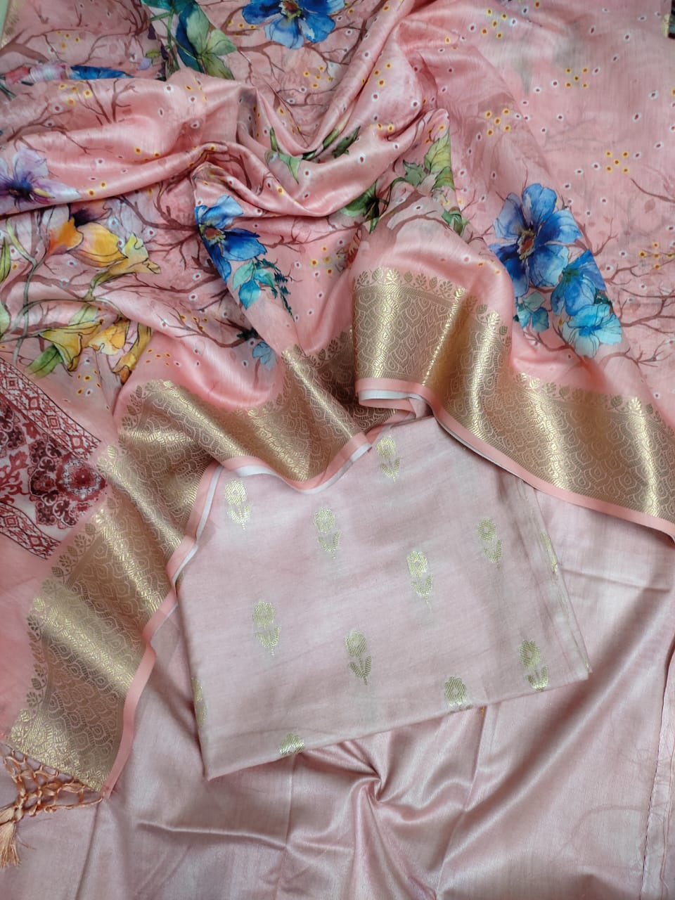Pure Banarasi Cotton Chanderi Silk Zari Work Unstitched Suit With Digital Print Dupatta.