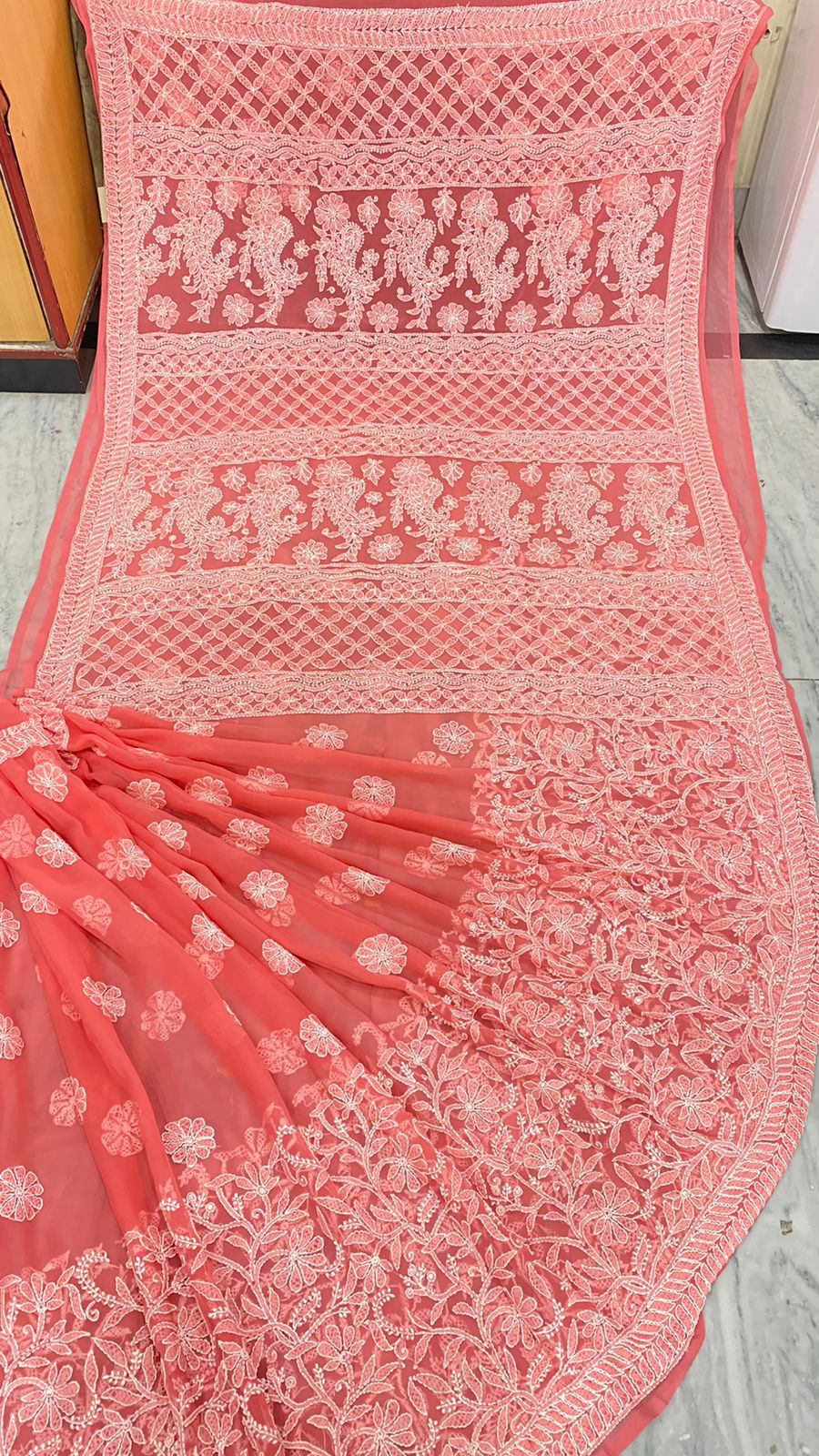 Pure Chiffon Georgette Chikankari Hand Embroidery Half Jaal Work Saree