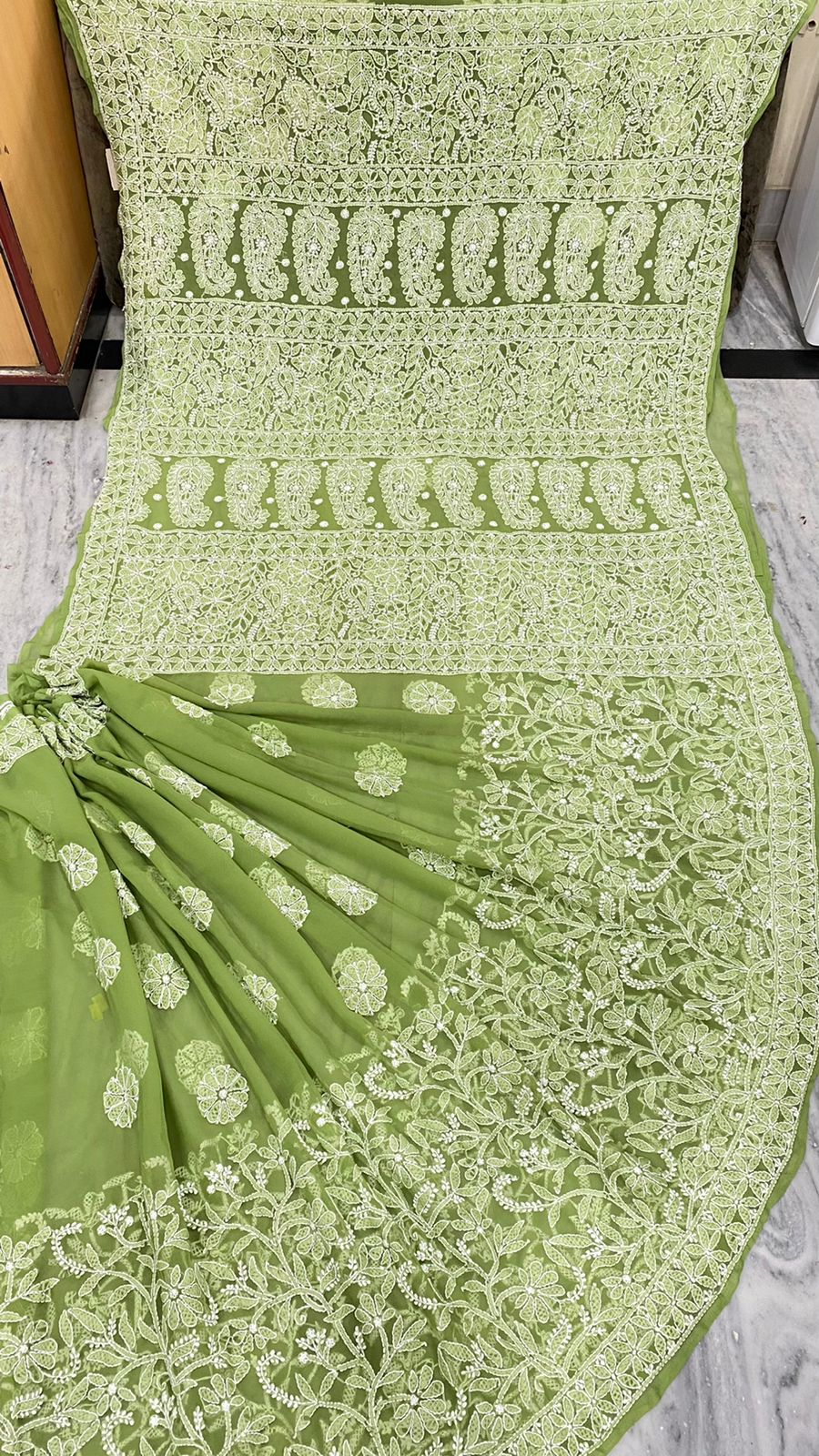 Pure Chiffon Georgette Chikankari Hand Embroidery Half Jaal Work
