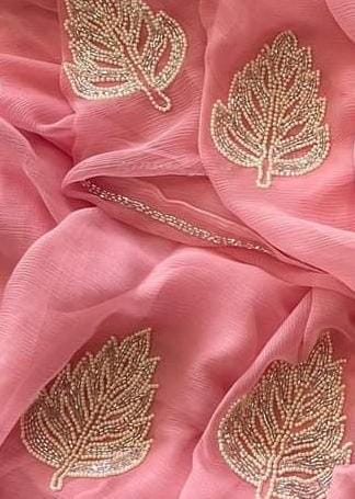 Light Pink Coloured Muslin Silk with Heavy Hand work Moti Lace