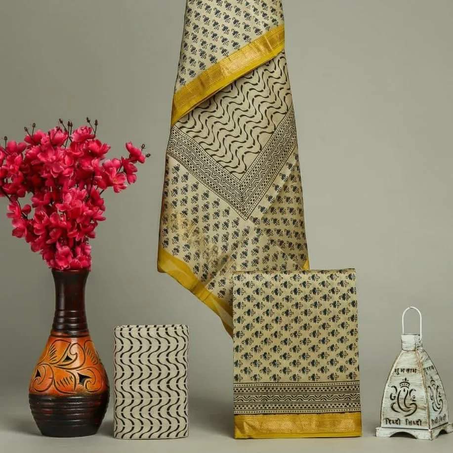 Pure Maheshwari Silk Hand block print Unstitched Suit.