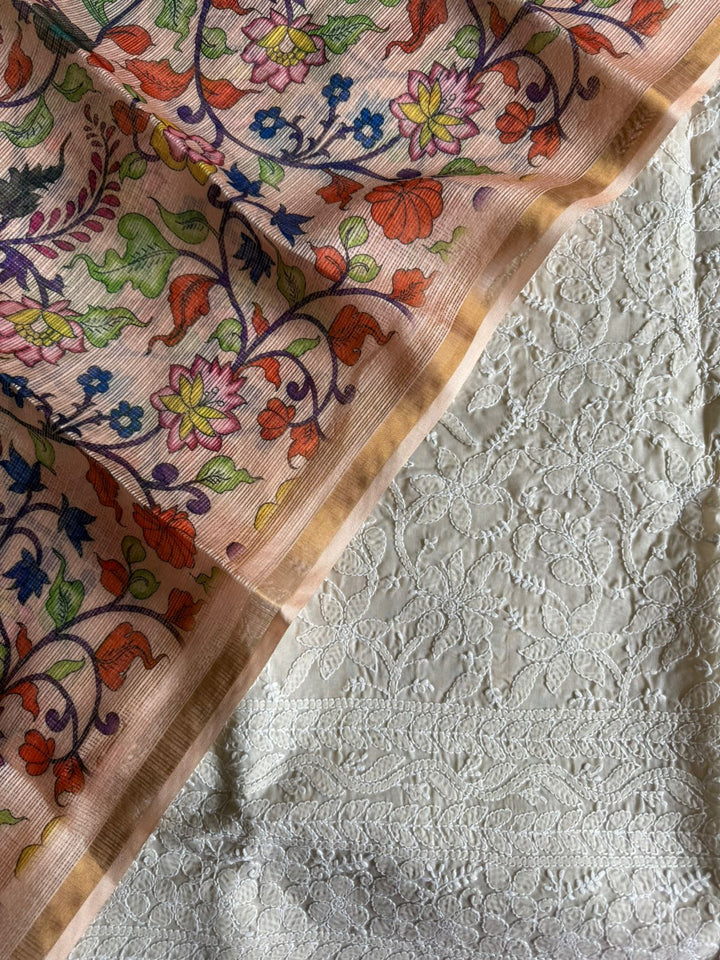 Pure Cotton Chikankari Hand Work Unstitched suit With Kalmkari Kota Doriya Dupatta.(without bottom)