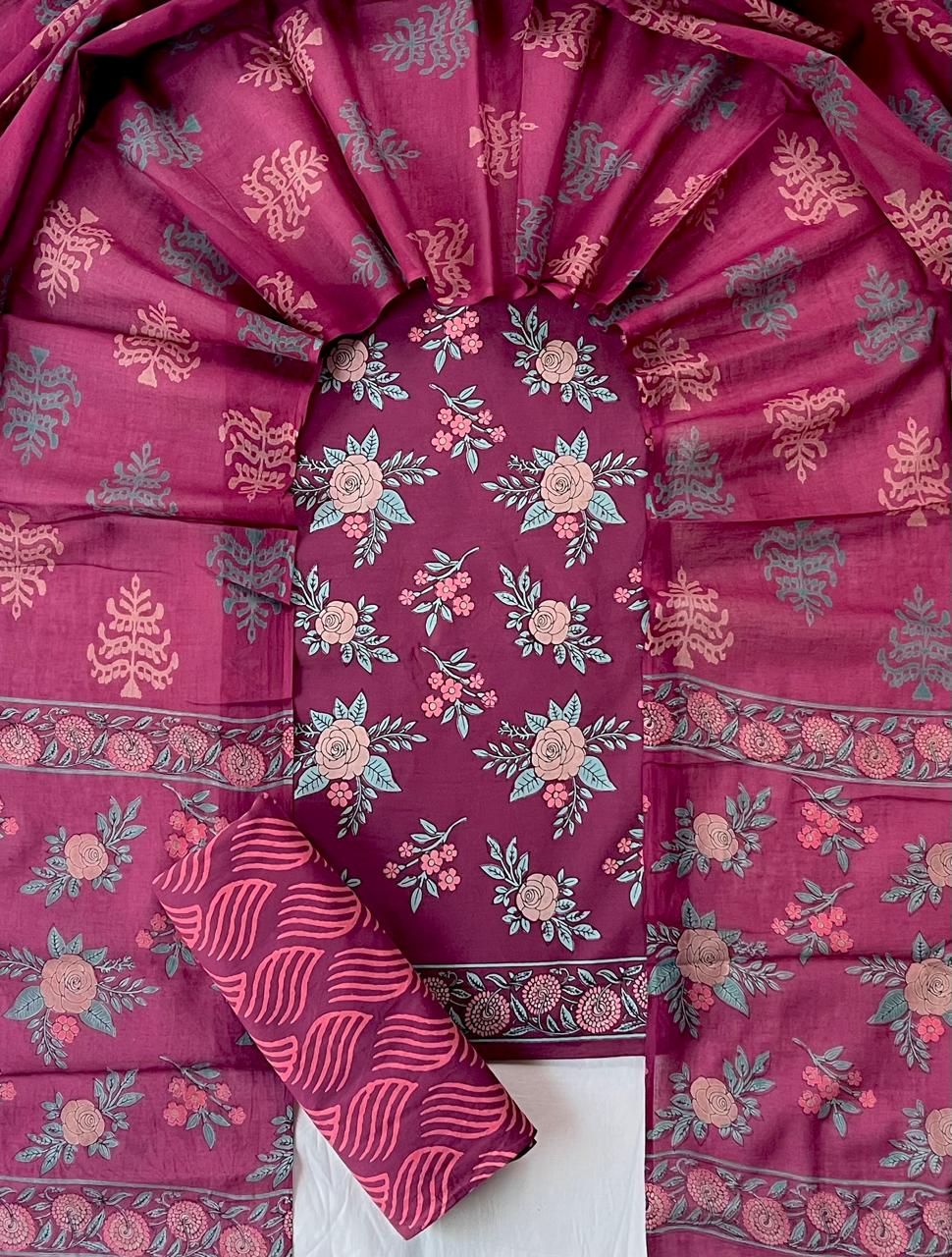 Pure Cotton Hand Block Print Unstitched Suit With Cotton Dupatta