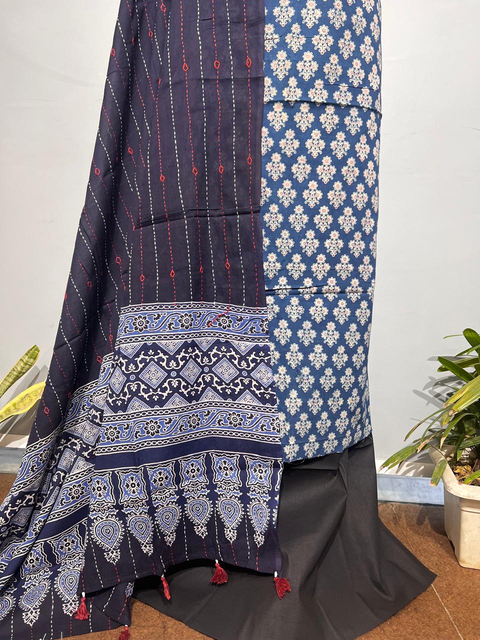 Pure Cotton Azrakh Print Unstitched suit With katha work Dupatta