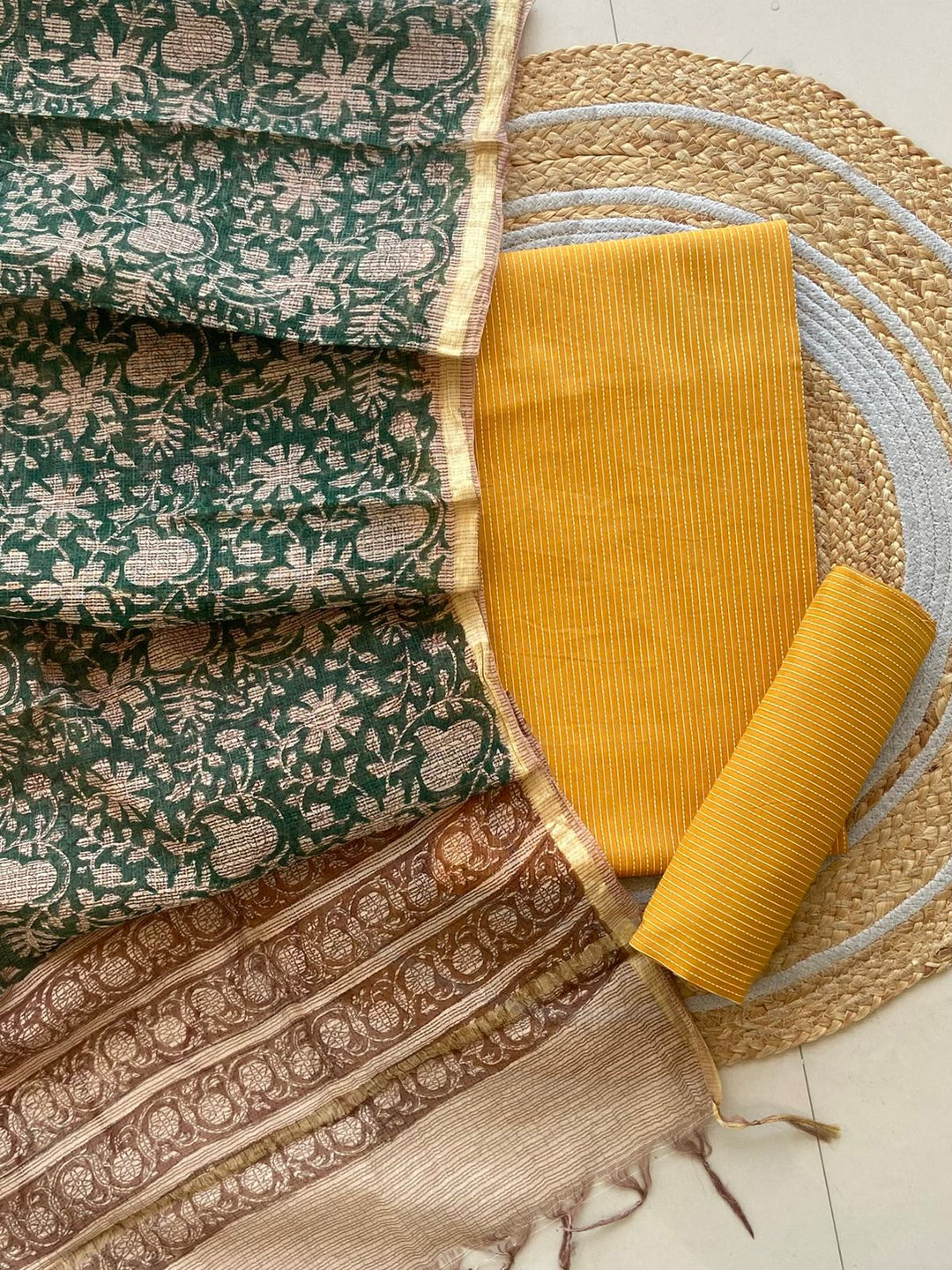 Kantha cotton kurta and bottom with kota doriya handblock print dupatta