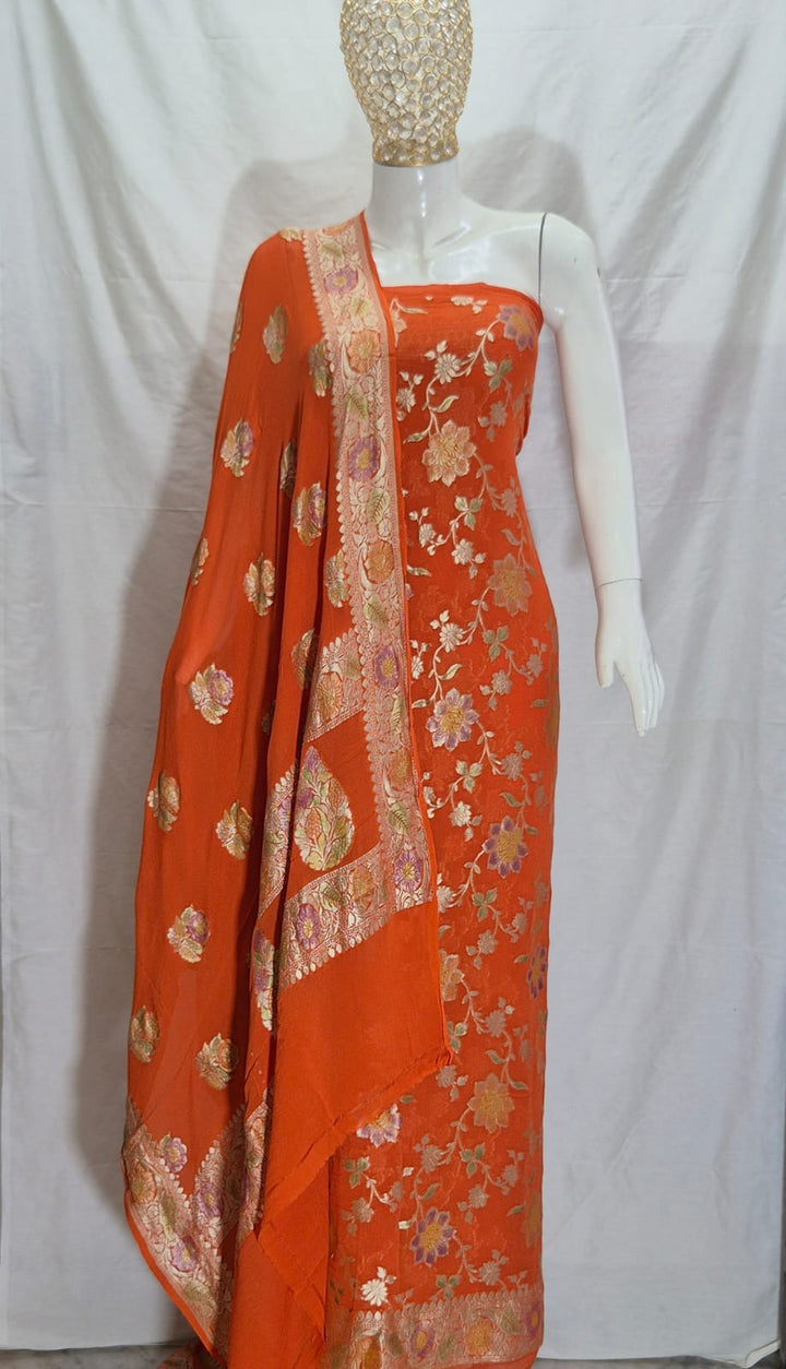 Pure Khhadi Chiffon Georgette Water Zari Work Unstitched Suit With khhadi Georgette Dupatta.