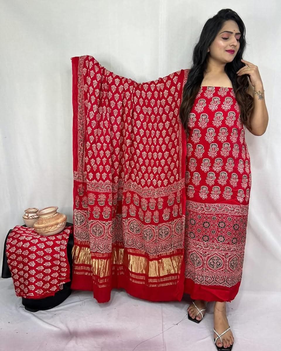 Pure Modal Silk Ajrakh Hend Block Zari Pallu Weaved 3pc Unstitched Suit .