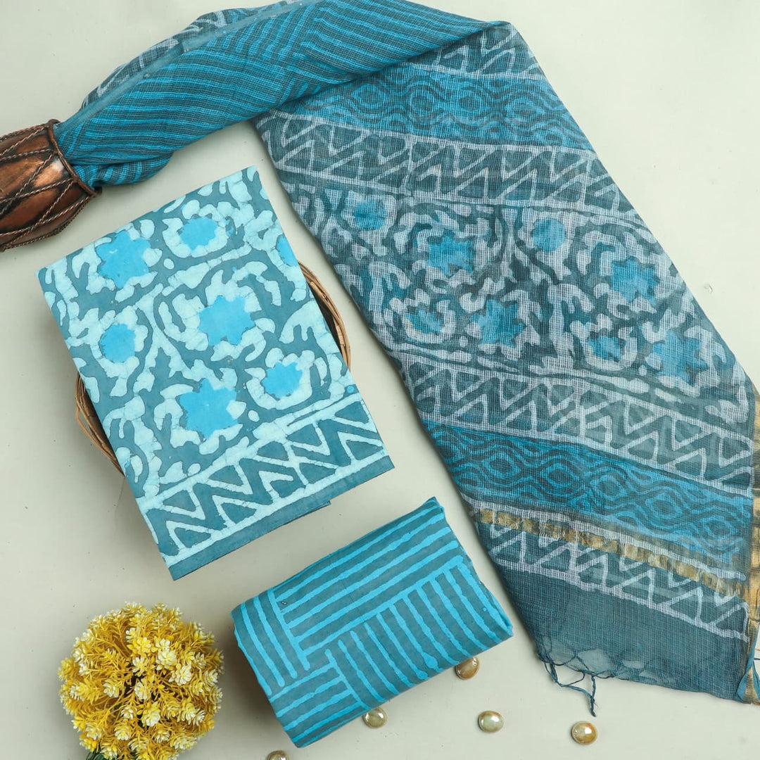 Pure Cotton Hand block print Unstitched Suit with Kota Dupatta .