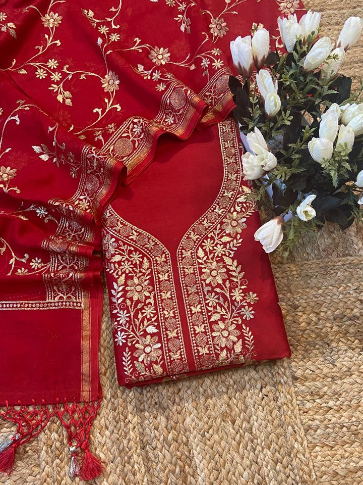 Pure Banarasi Resham Chanderi Silk Zari Embroidery Unstitched Suit .