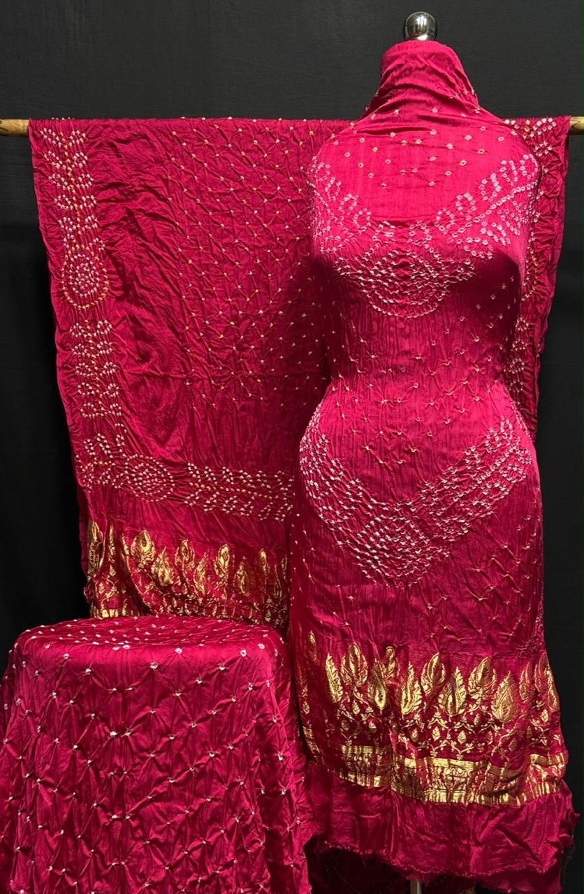 Premium Pure Modal Silk Rayi Bandhej 3-Piece Suit with Heavy Tissue Pallu Dupatta