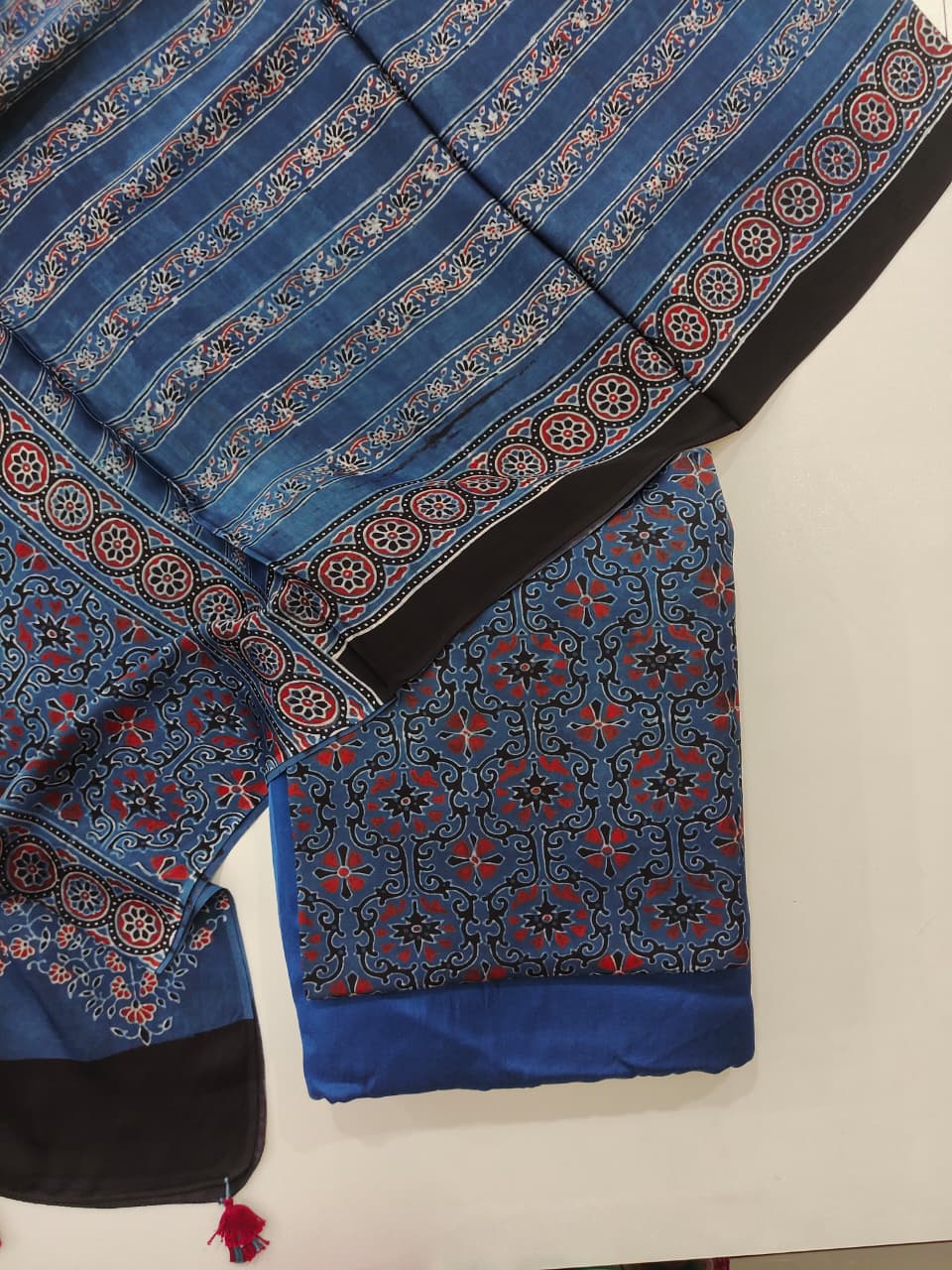 Pure Modal Silk Ajrakh Hand Block  3pc Unstitched Suit