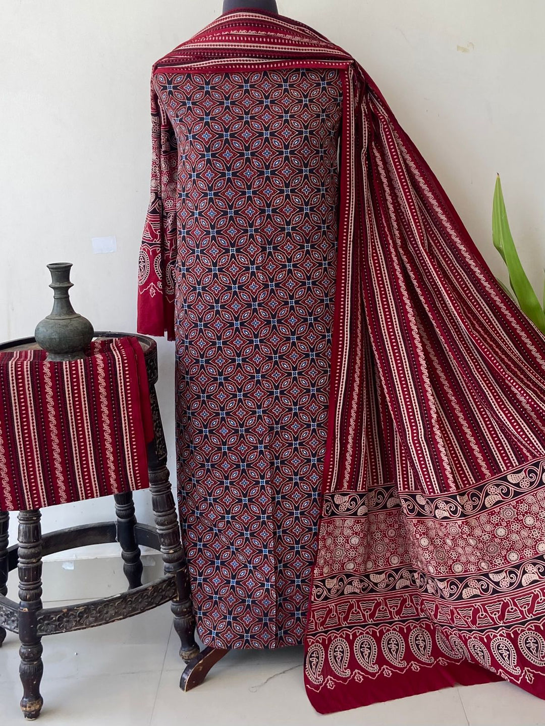 Pure Cotton Azrakh Print Unstitched Suit With  cotton Duppatta