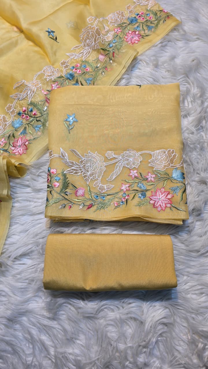 Pure Banarasi Organza Silk Applique Work Unstitched Suit.