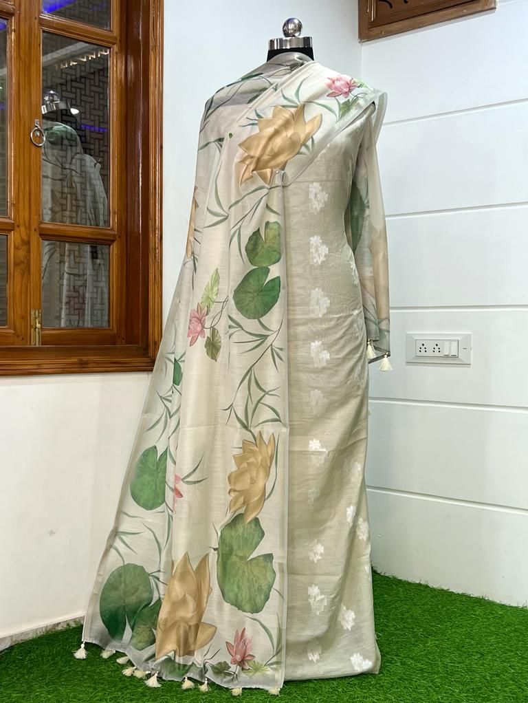 Banarasi Chanderi Silk Zari work unstitched Suit With Chanderi Pichwai Floral Dupatta.