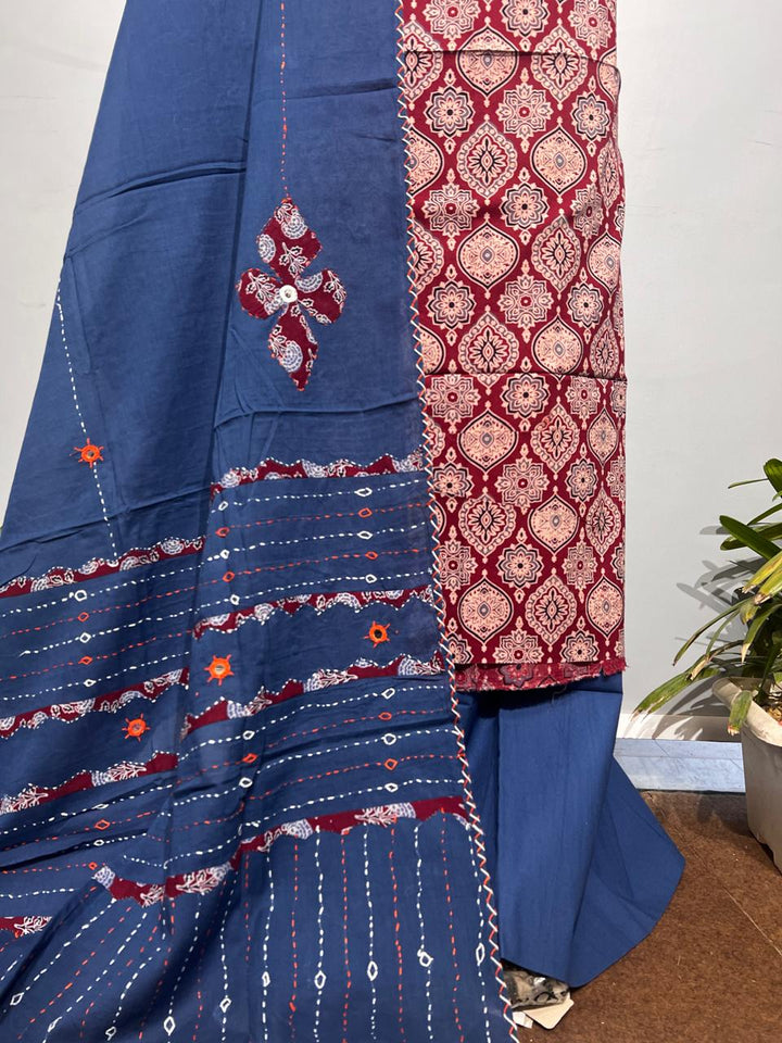 Pure Cotton Azrakh Print Unstitched suit With katha work Dupatta