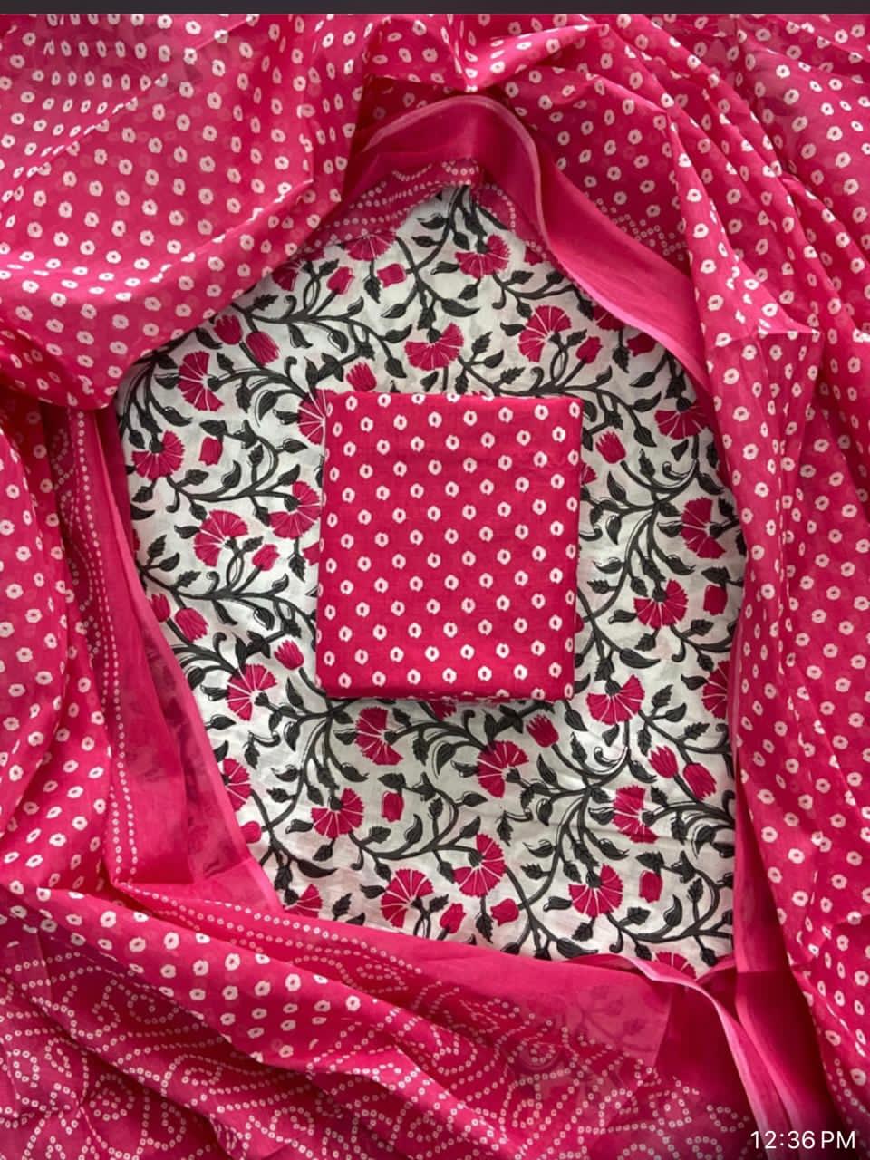 Pure Cotton Hand Block Print Unstitched Suit With Cotton Dupatta
