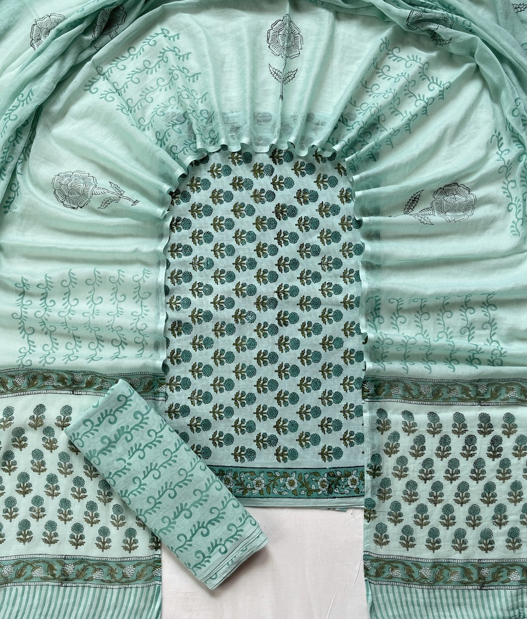 Pure Cotton Hand Block Print Unstitched Suit With Cotton Dupatta