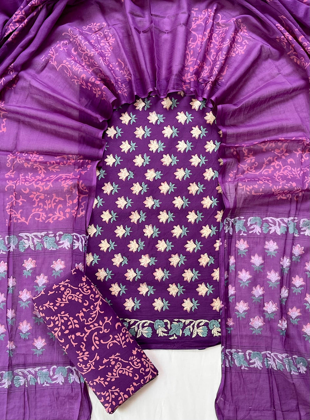 Pure Cotton Hand Block Print Unstitched Suit With Cotton Dupatta