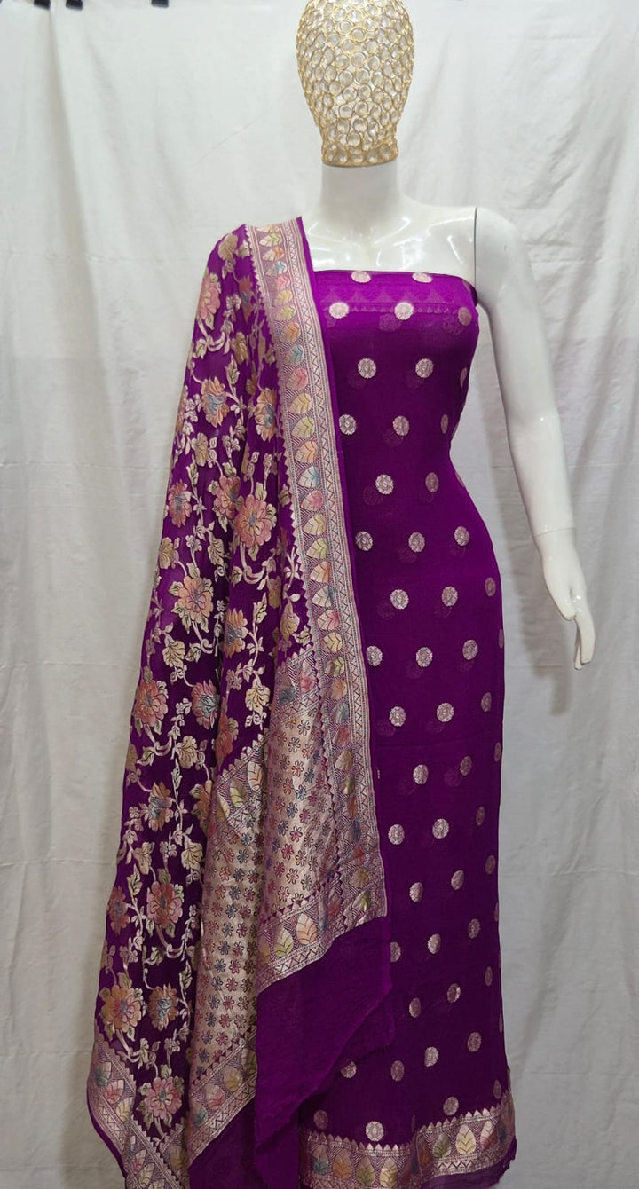 Pure Khhadi Chiffon Georgette Water Zari Work Unstitched Suit With khhadi Georgette Dupatta.)