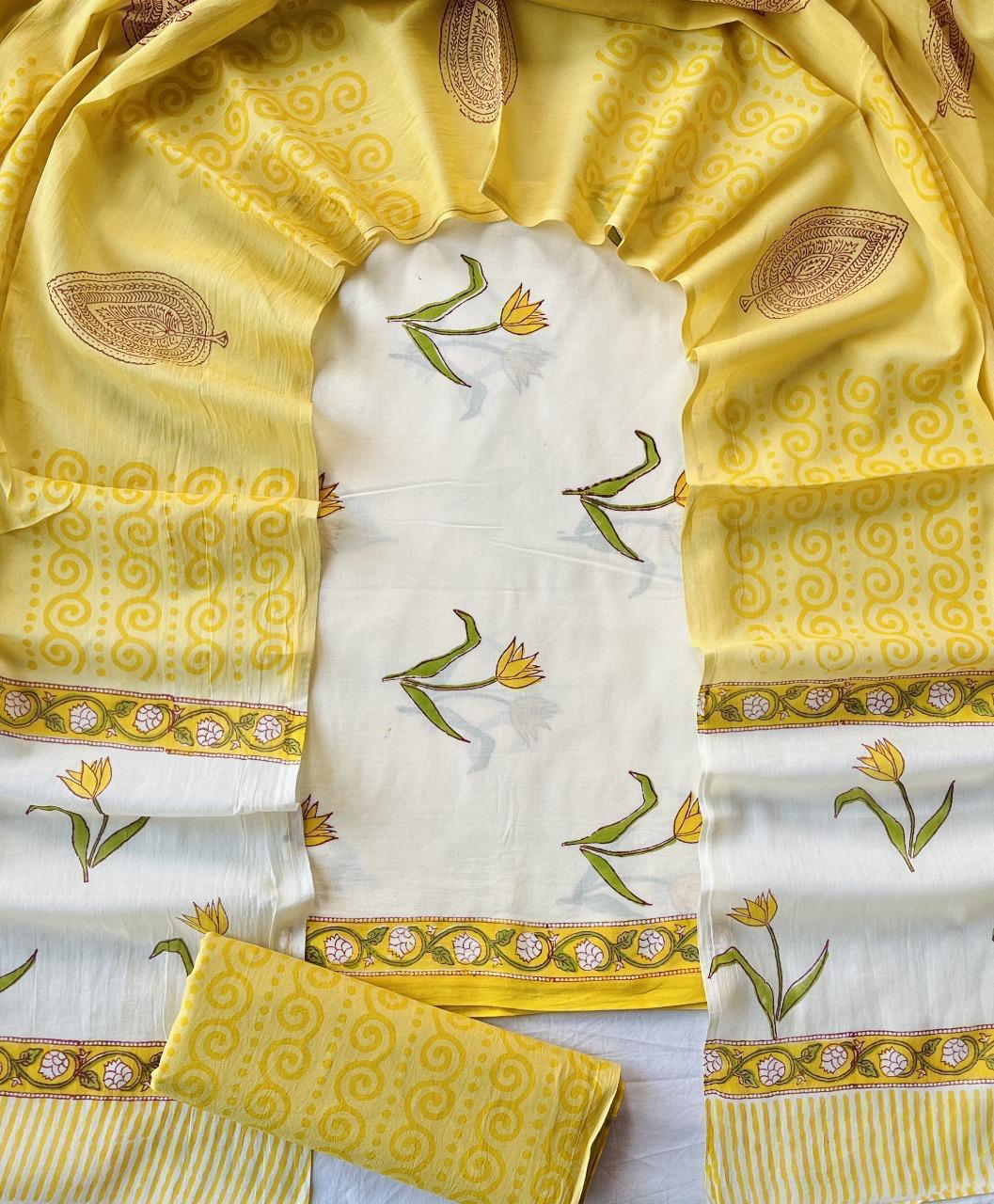 Pure Cotton Hand Block Print Unstitched Suit With Cotton Dupatta