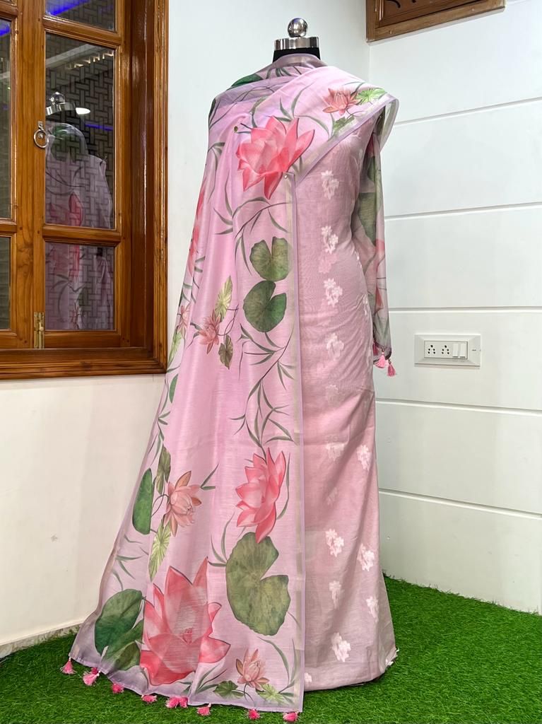 Banarasi Chanderi Silk Zari work unstitched Suit With Chanderi Pichwai Floral Dupatta.