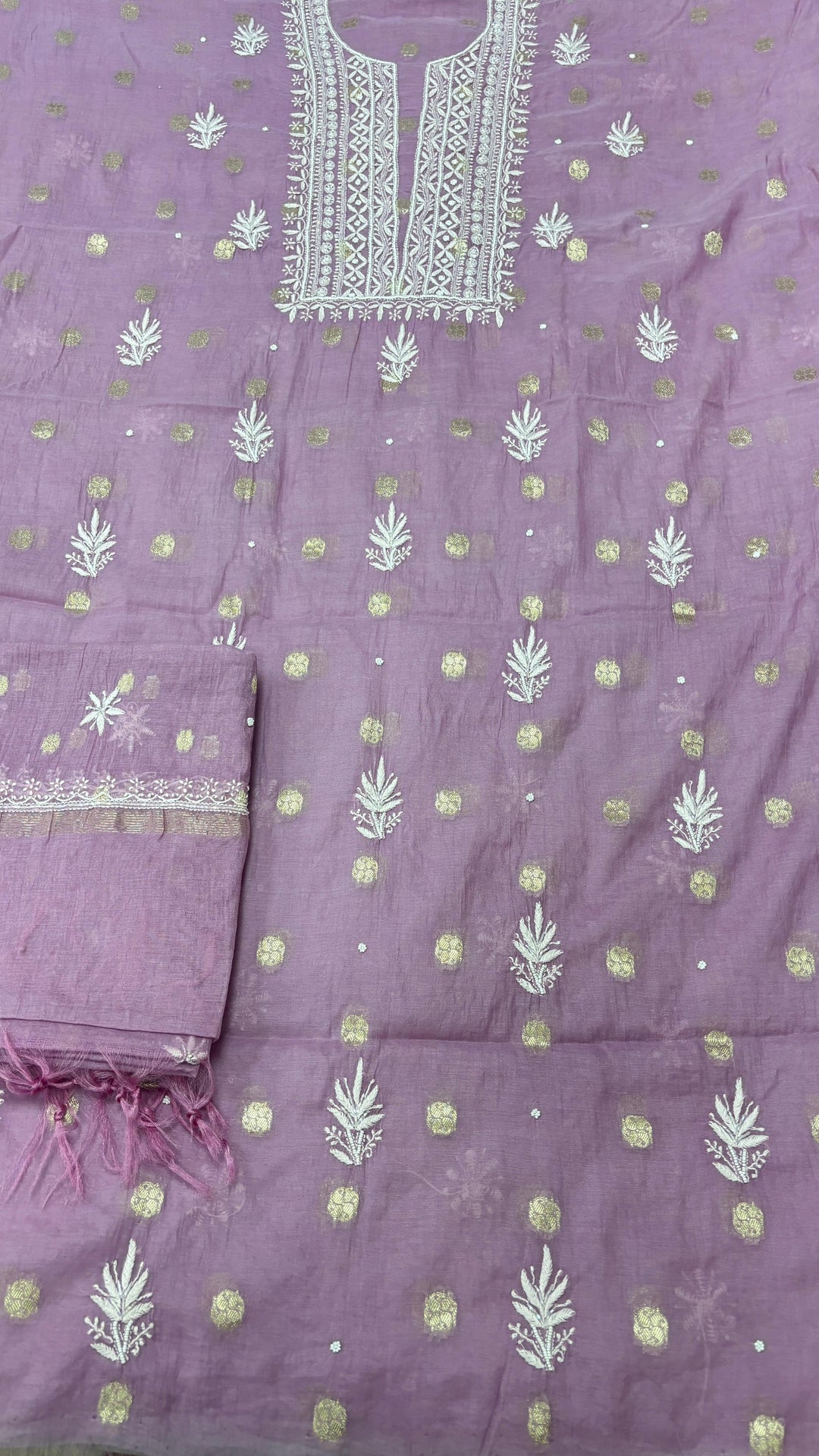 Pure Mul Chanderi Chakiankari Work Unstitched Suit with Pearl and Cutdana work .
