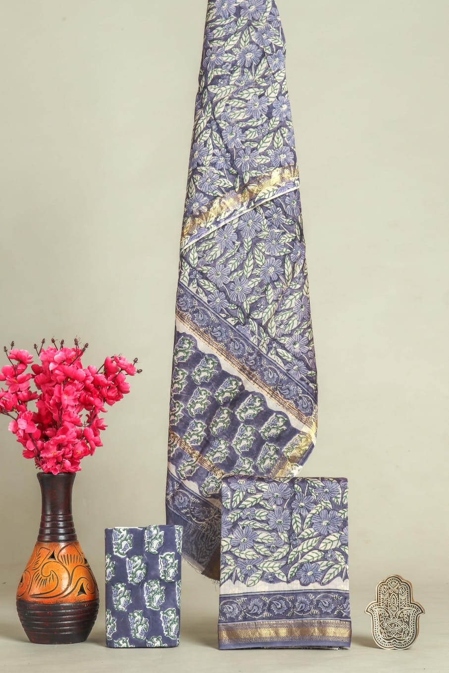 Pure Maheshwari Silk Hand block print Unstitched Suit.