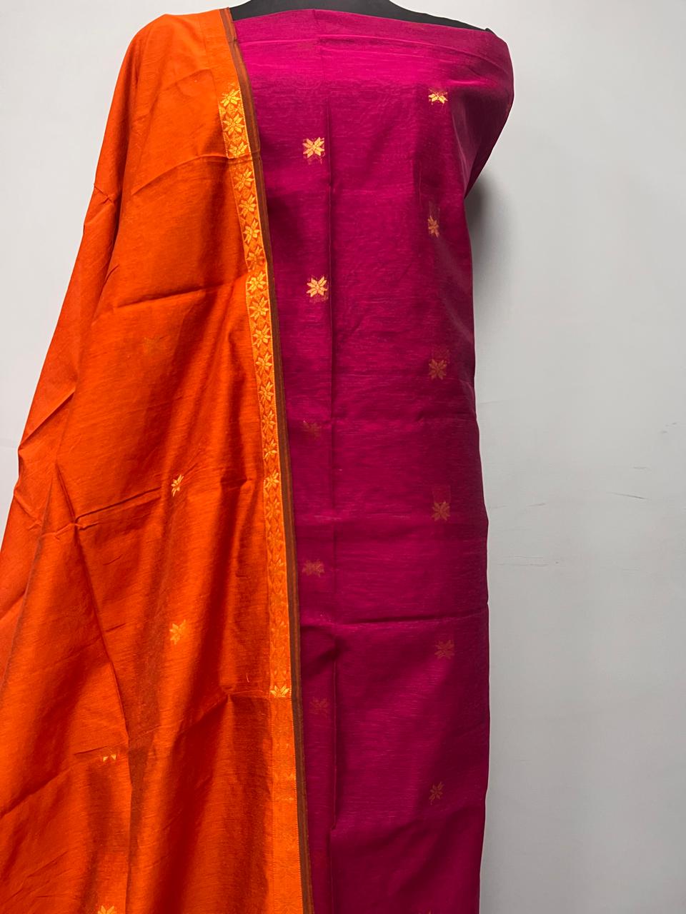 Pure Maheshwari Silk Hand Loom Unstitched Suit.(2pc Set)