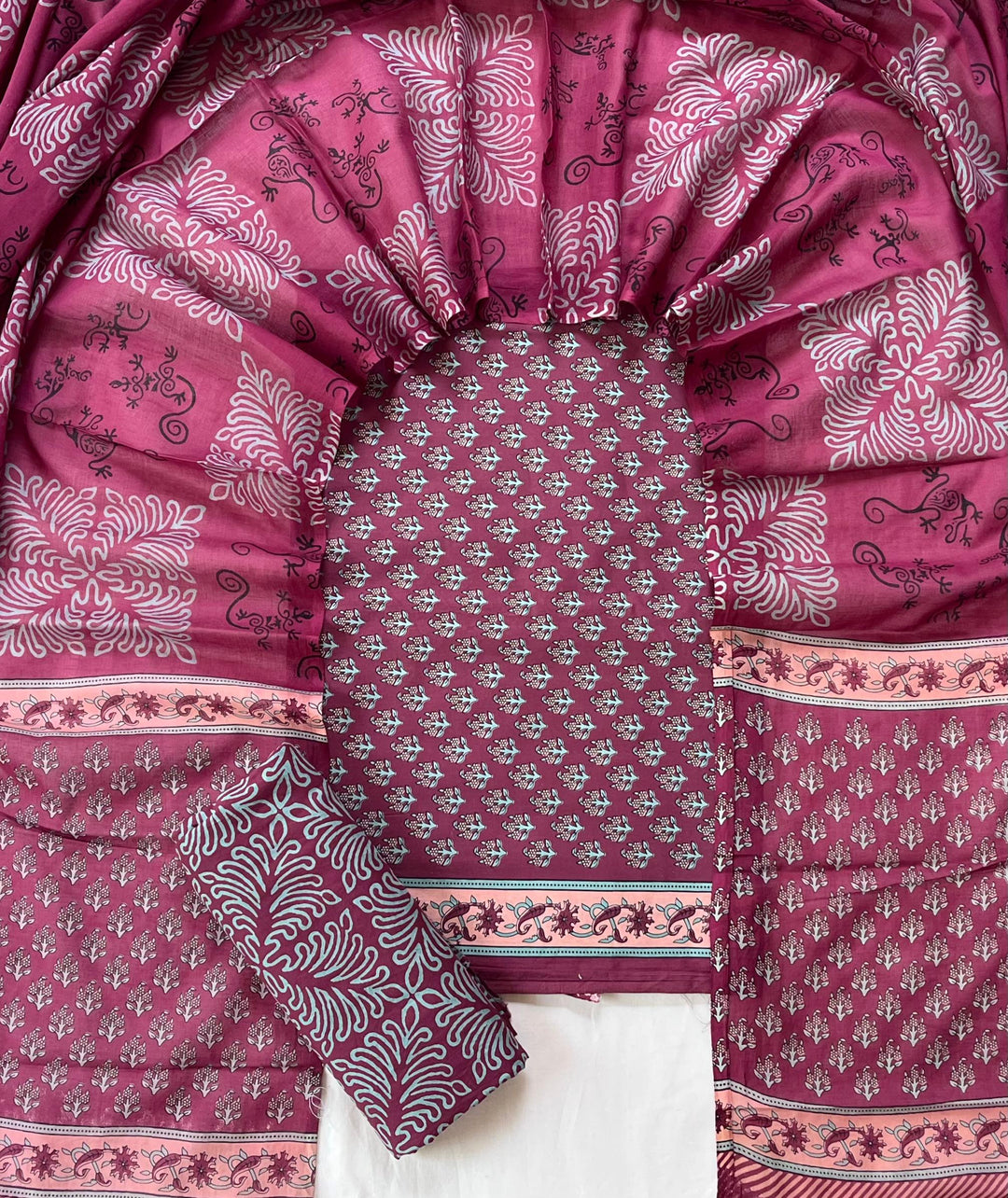 Pure Cotton Hand Block Print Unstitched Suit With Cotton Dupatta.